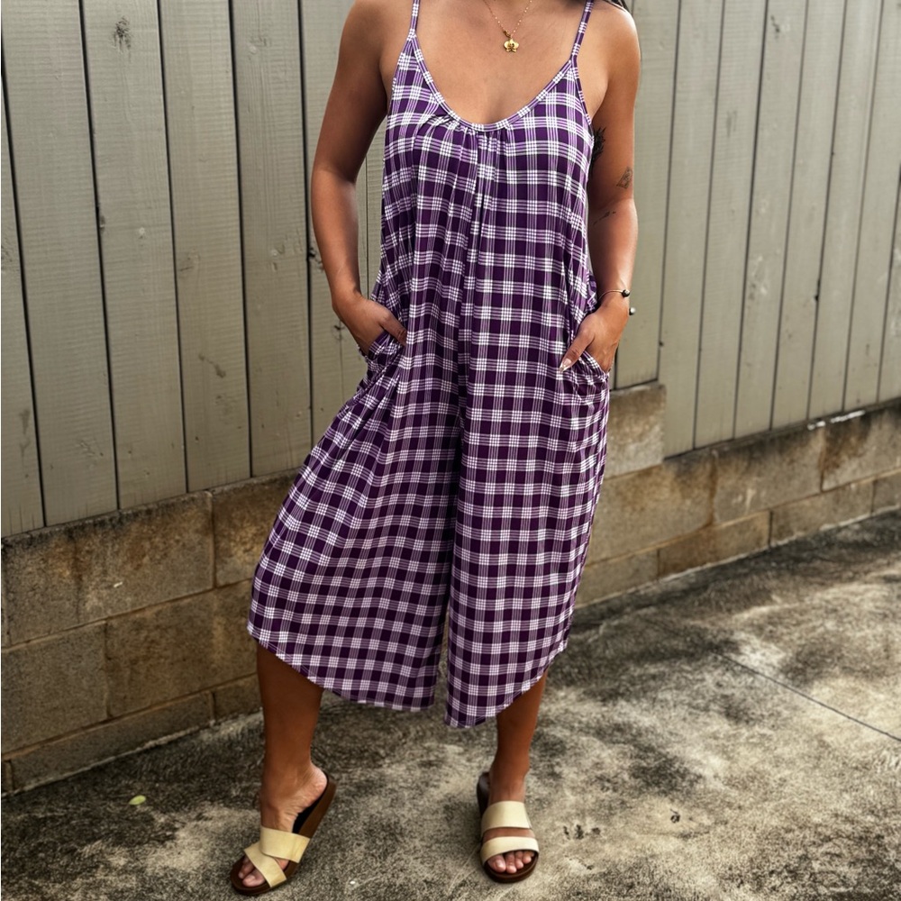Chic Purple Checkered Women's Jumpsuit popular Palaka print
